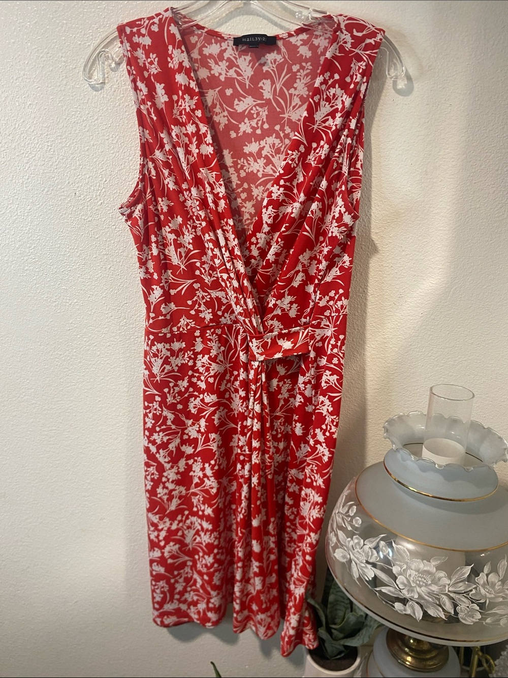 Hailey 23 Red Sleeveless Floral semi Faux Wrap Dress Size L knee length